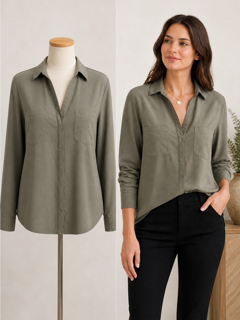 Chico’s | Olive Green Button Front Blouse | Modal Blend Stretch Top | Size 1 (M)
